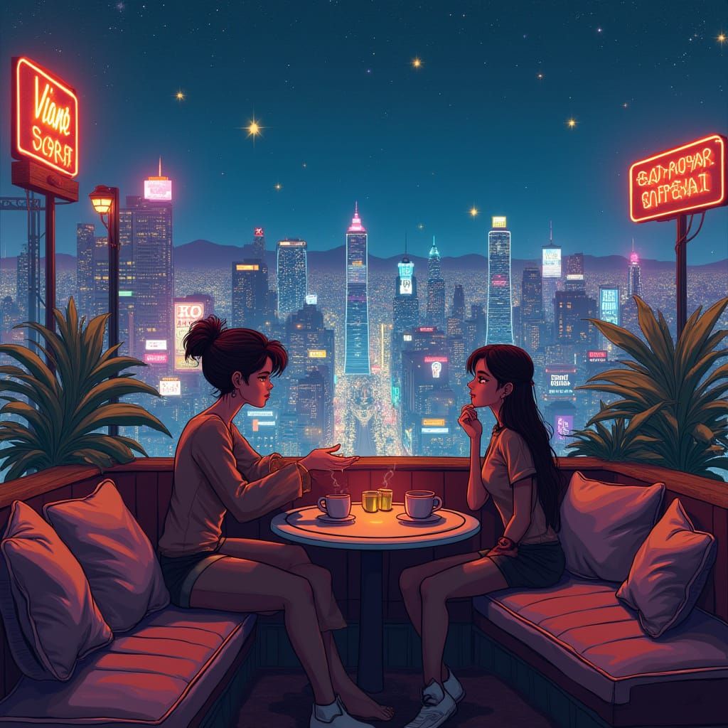 Cozy Rooftop Coffee Shop Overlooking Neon City