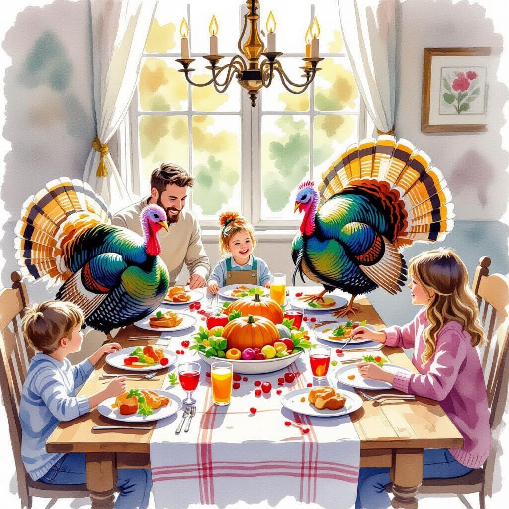 Turkeys Feast on Thanksgiving Sides in Alcohol Ink Style