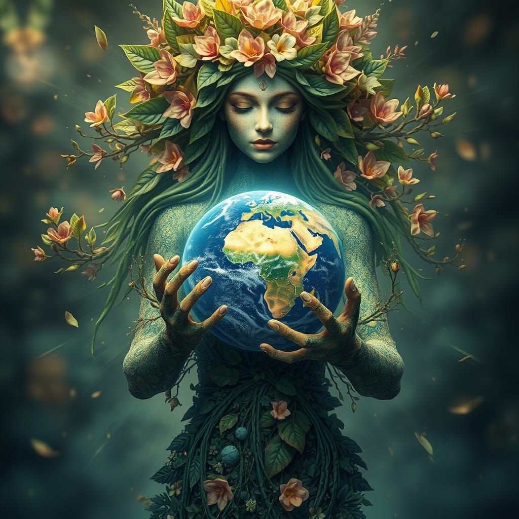 Serene Goddess of Nature Cradles the Earth
