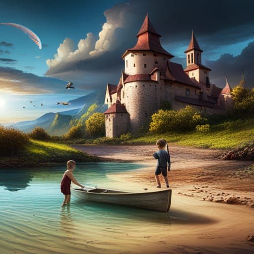 Boys Play with Boat: Fantasy Concept Art