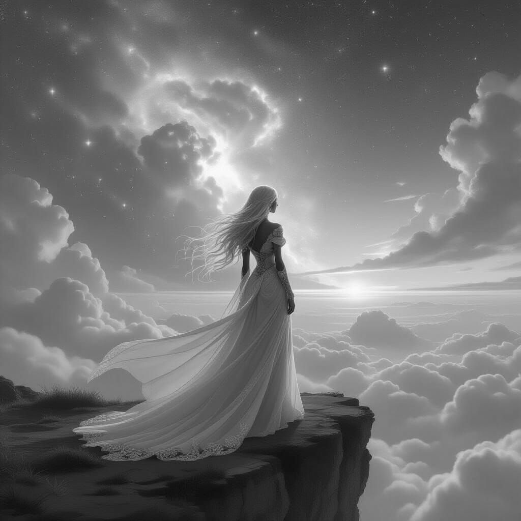Woman on Cliff Gazing at Nebula in Fantasy Art Style