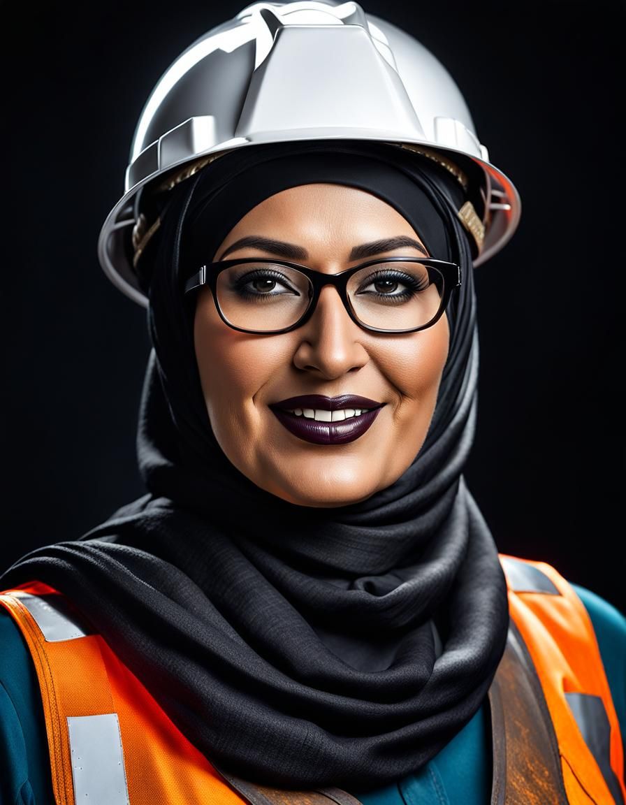 Detailed Portrait of Woman in Hijab and Mining Helmet