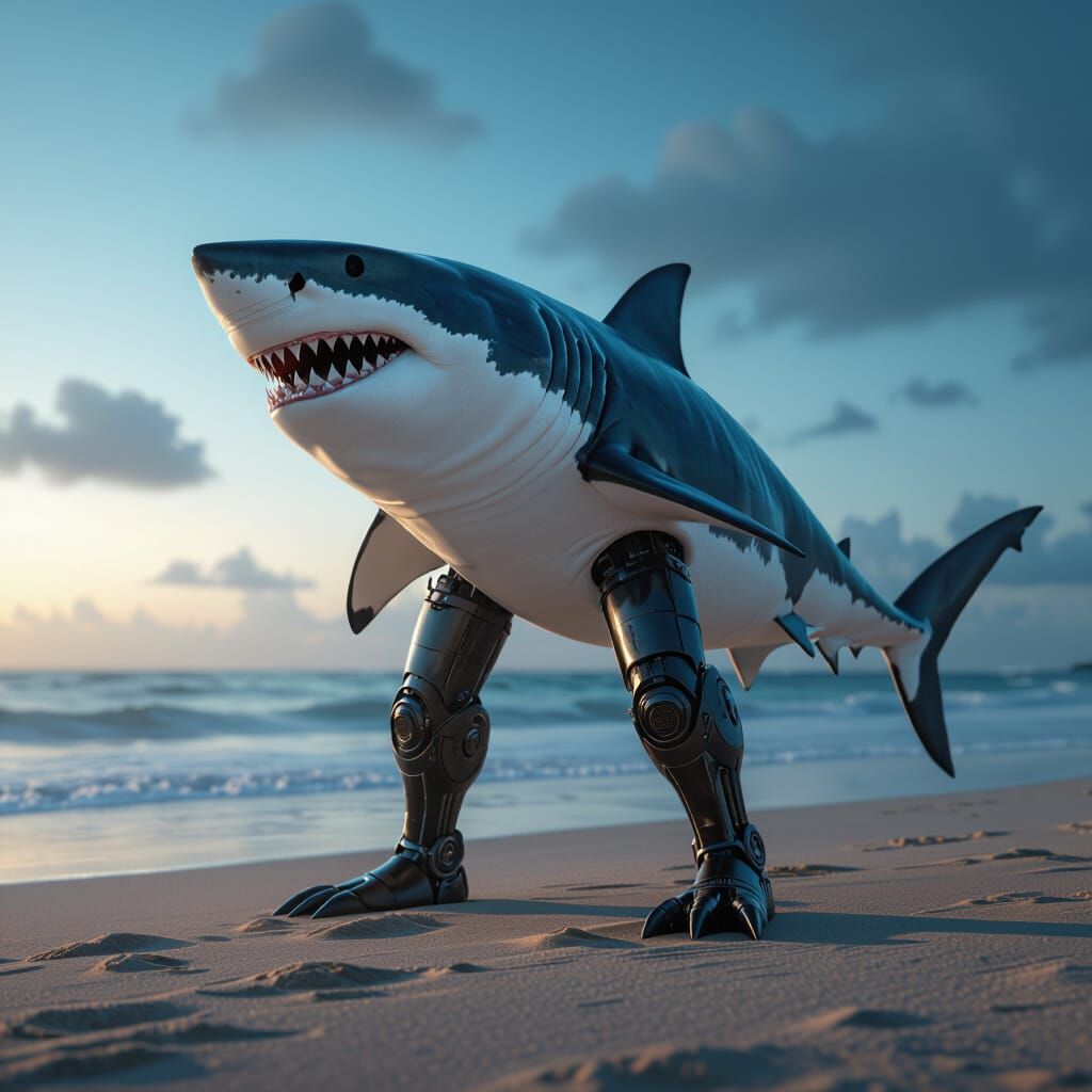 Great White Shark with Legs on Beach, Bioluminescent Lightin...
