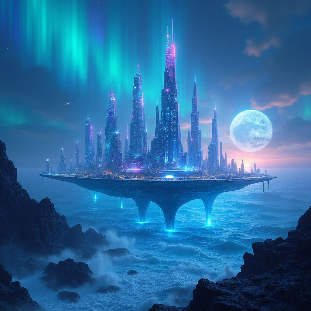 Futuristic Metropolis Above Stormy Ocean in Cyberpunk Style