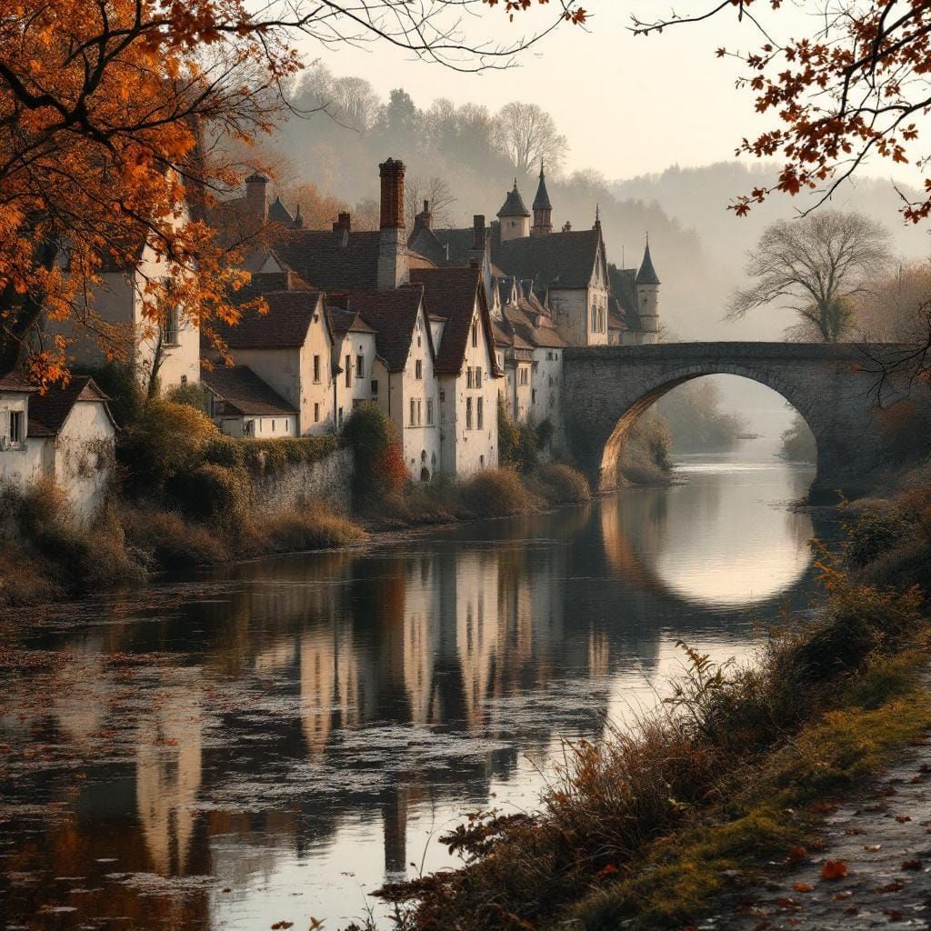 Medieval French River View at Dawn