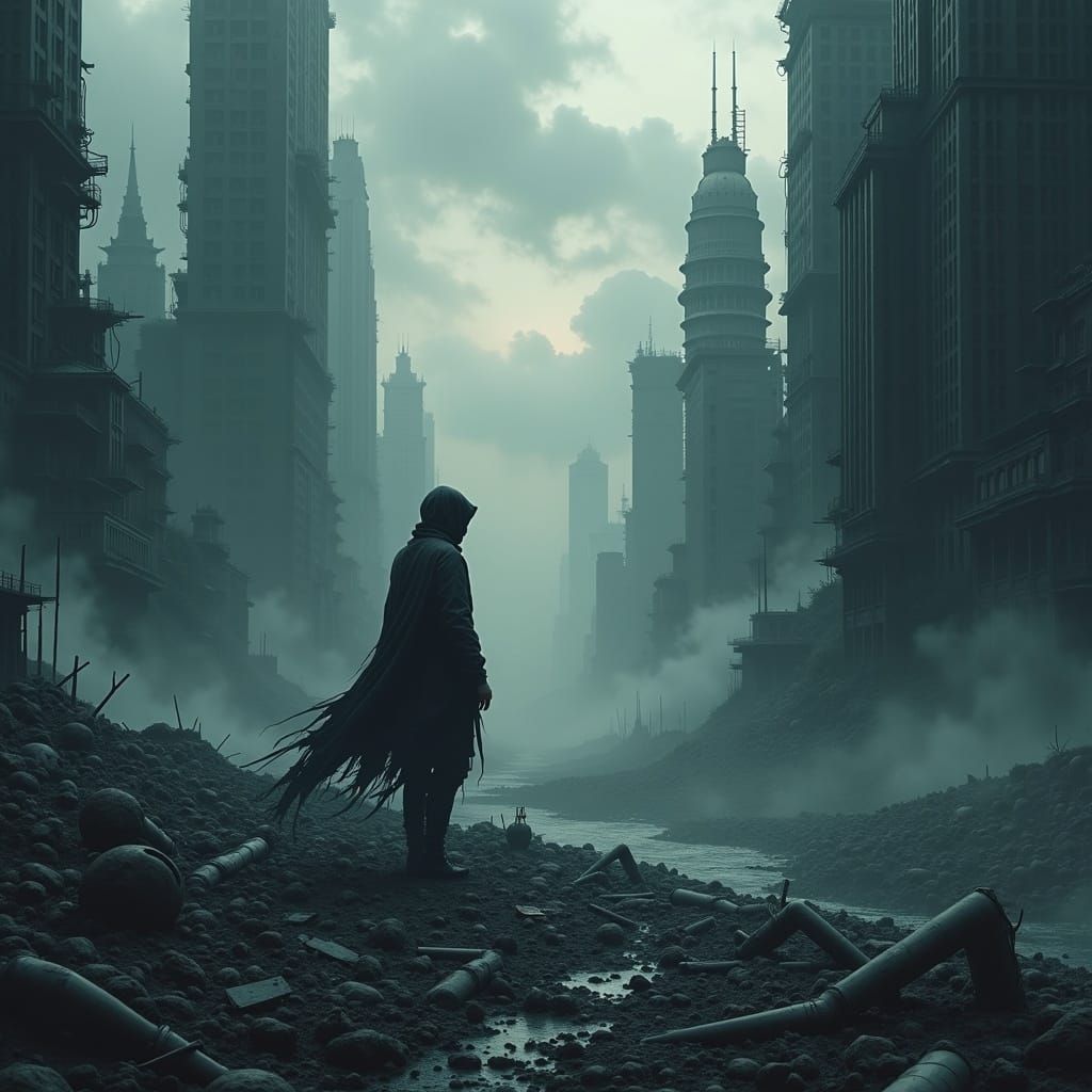 Lone Figure in Dystopian Cityscape, Shrouded in Shadows and ...