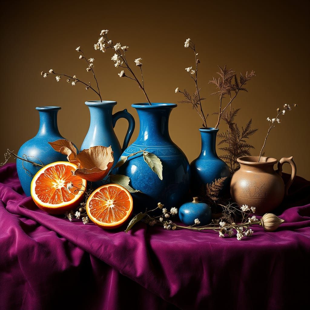 Luxurious 17th-Century Still Life in Earthy Tones and Blues