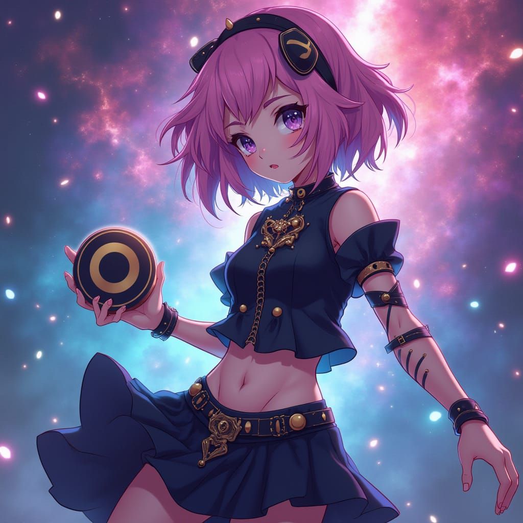 Glamorous Anime Duelist in Iridescent Nebula