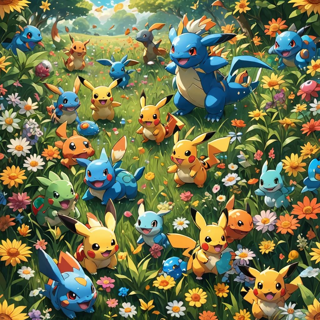 Pokemon Starters United in Sunny Meadow Fantasy Art