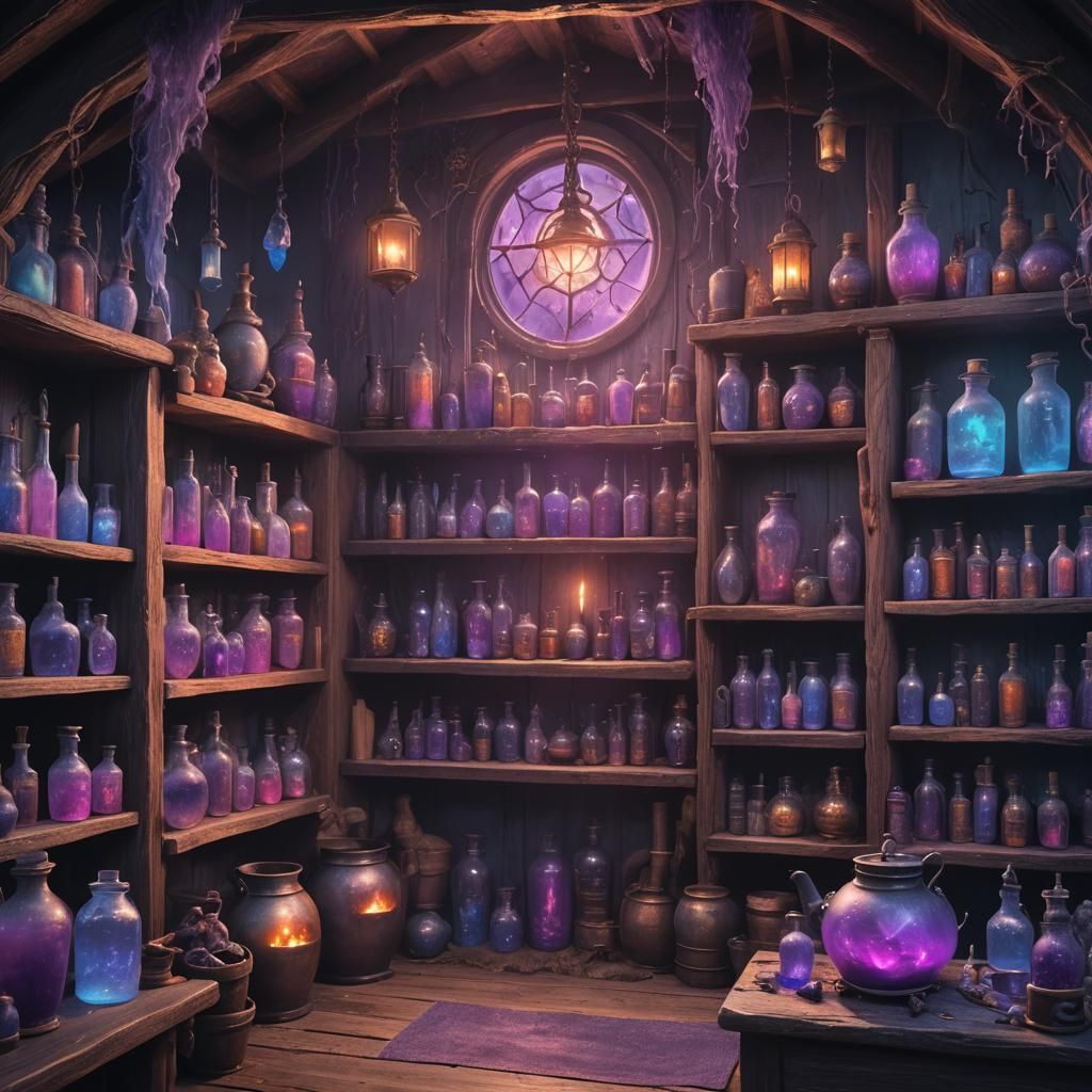 Witch Cabin with Glowing Potions and Cauldron