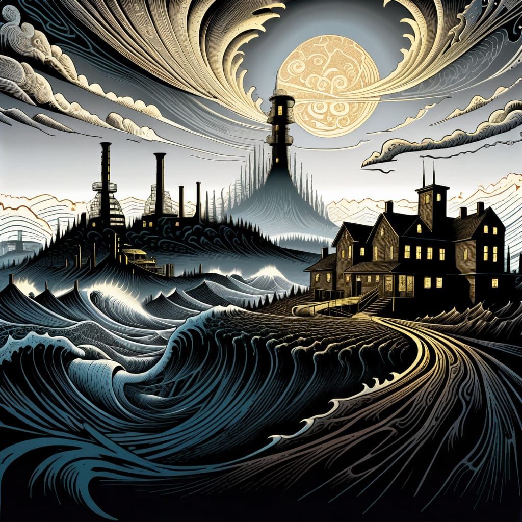 Disturbing Woodcut Print of Corporate Research Facility