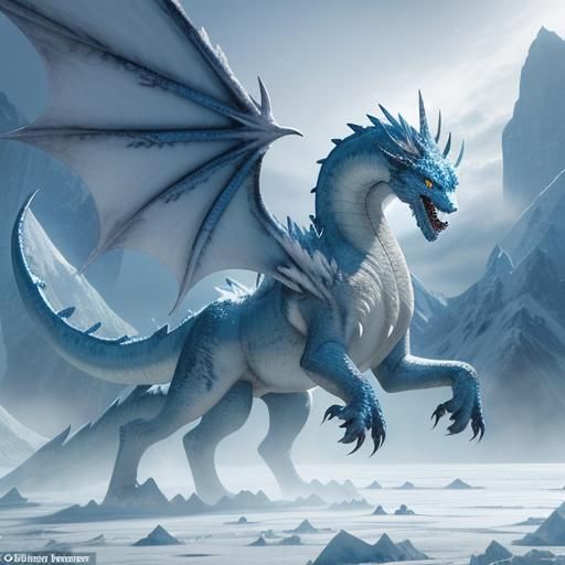 A towering, ice-blue dragon rises from the frozen tundra, wi...