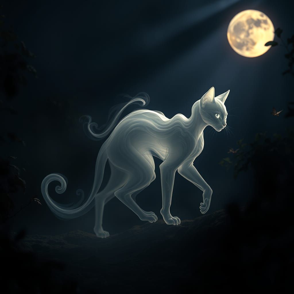 Smoke-Cat Stalks Moonlit Garden