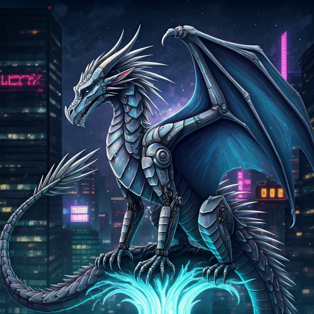 Robotic Ice Dragon on Metal Tree in Fantasy Style