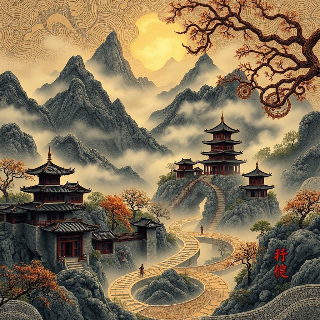 Surreal Ancient Chinese Landscape in Cyberpunk Style