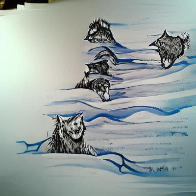 Wolves in Winter Storm: Detailed Ink Drawing