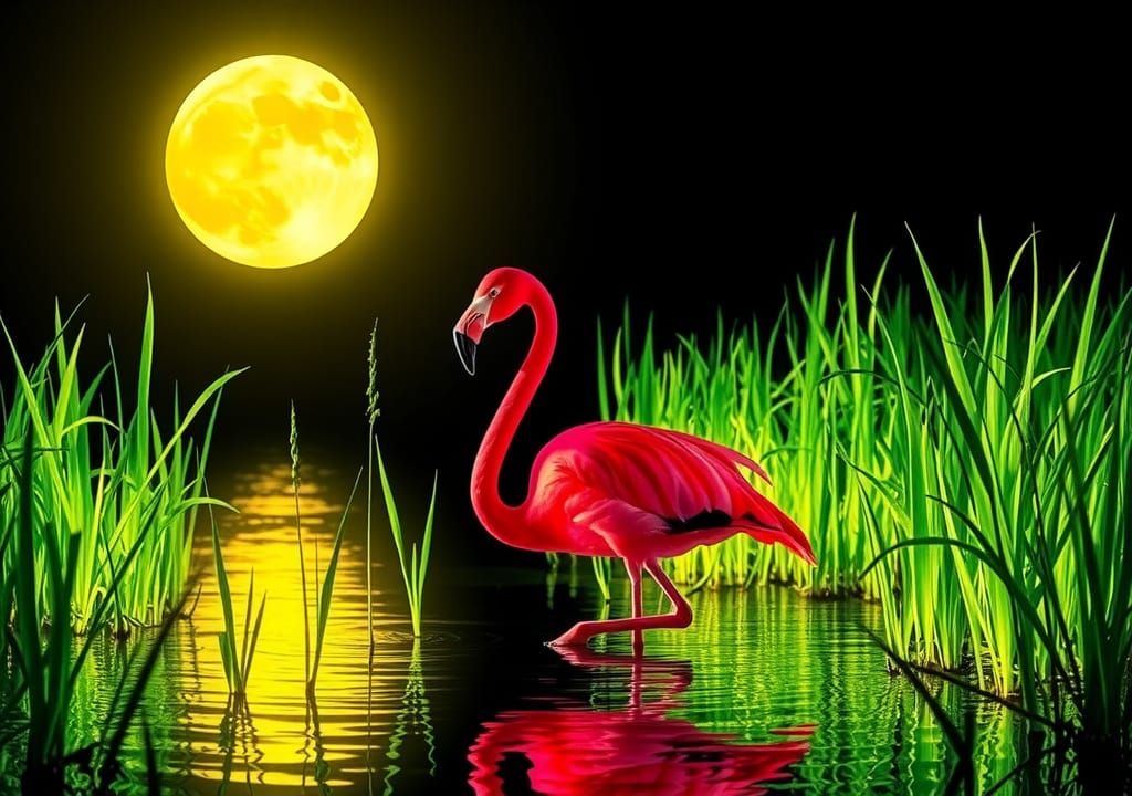 Fluorescent Flamingo in Swamp Under Yellow Moon