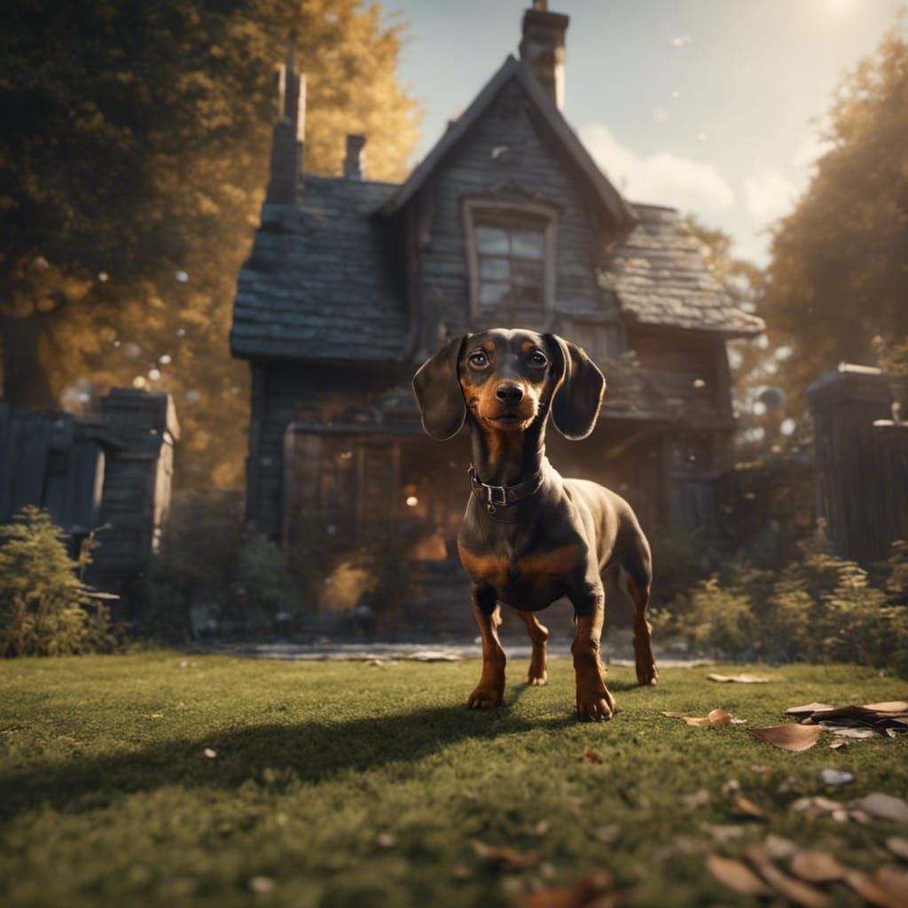 Dachshund in Yard: Detailed Matte Painting