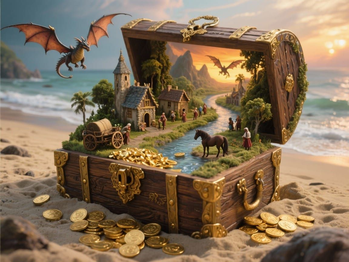 Miniature Medieval Fantasy Landscape in Treasure Chest