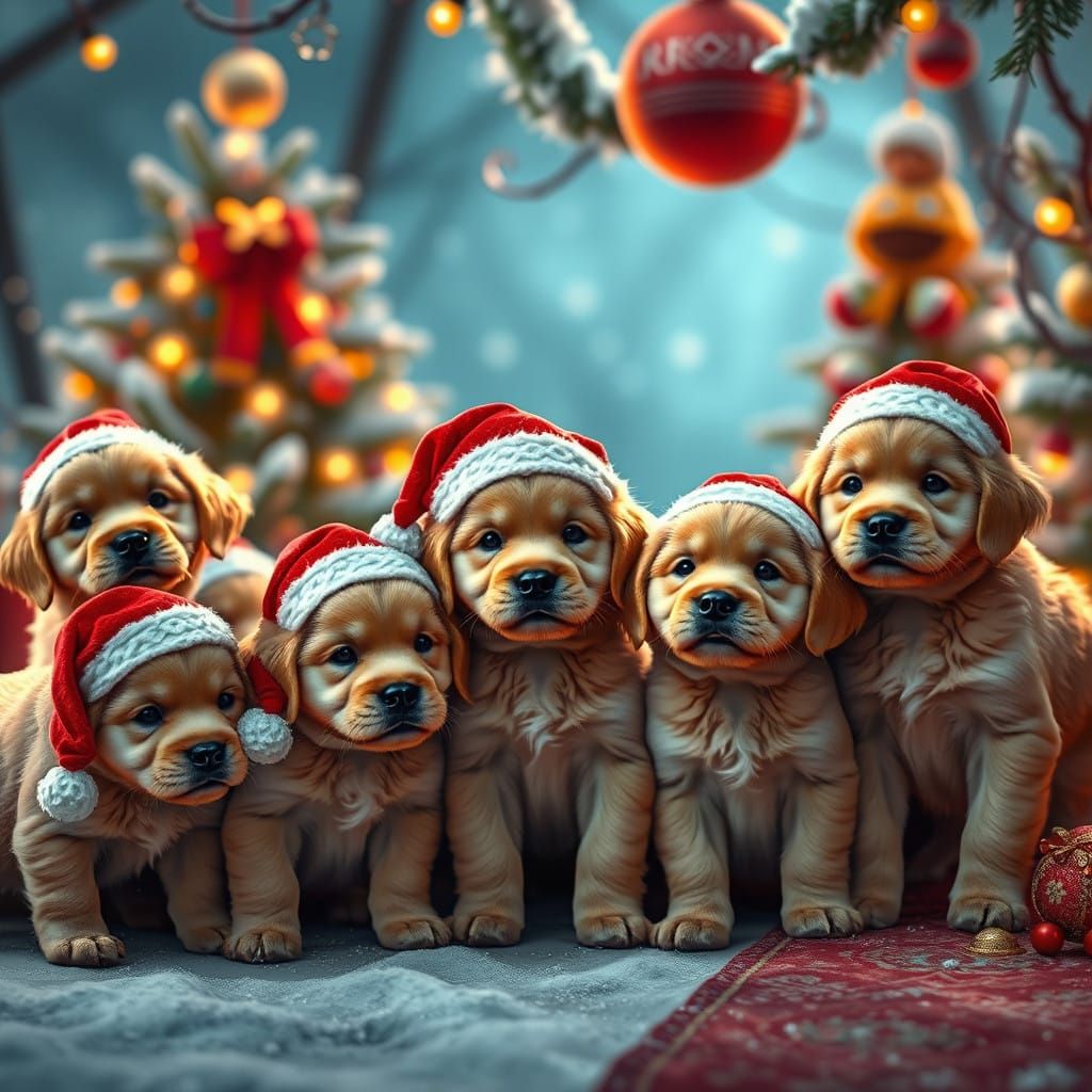 Golden Retriever Puppies Surround Festive Holiday Scene in M...