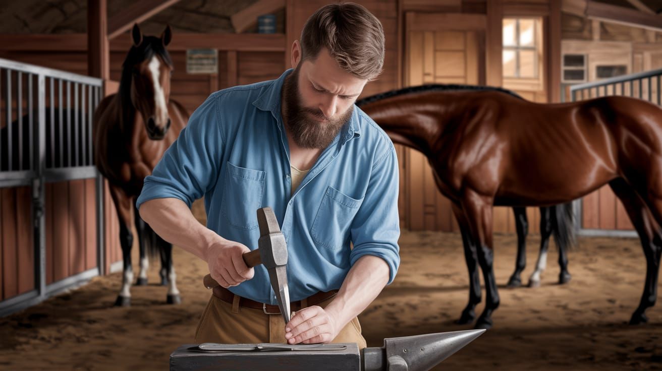 Amish Farrier Crafts Horseshoe in Rustic Stable