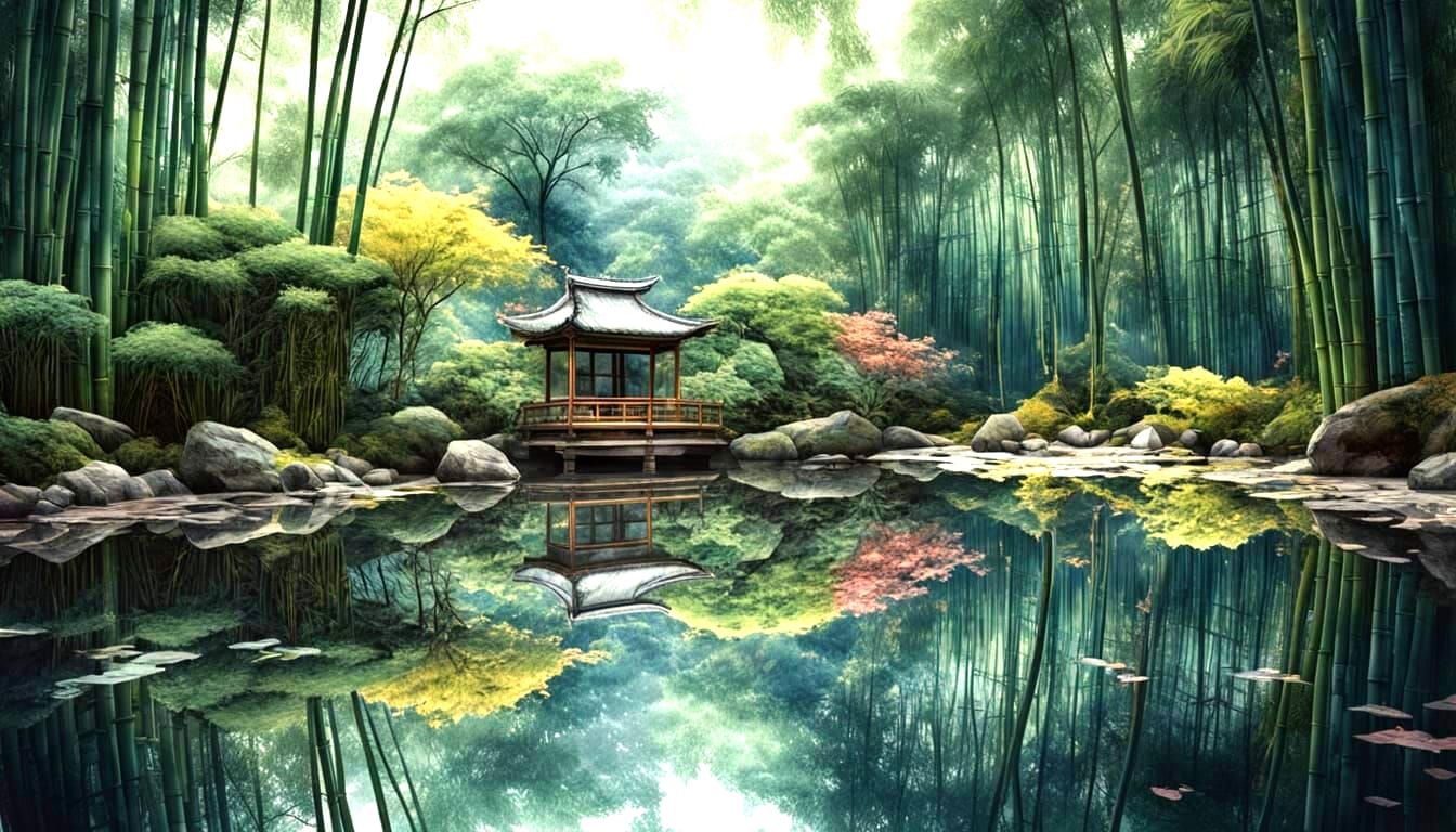 Surreal Japanese Garden Reflected in Shattered Mirror