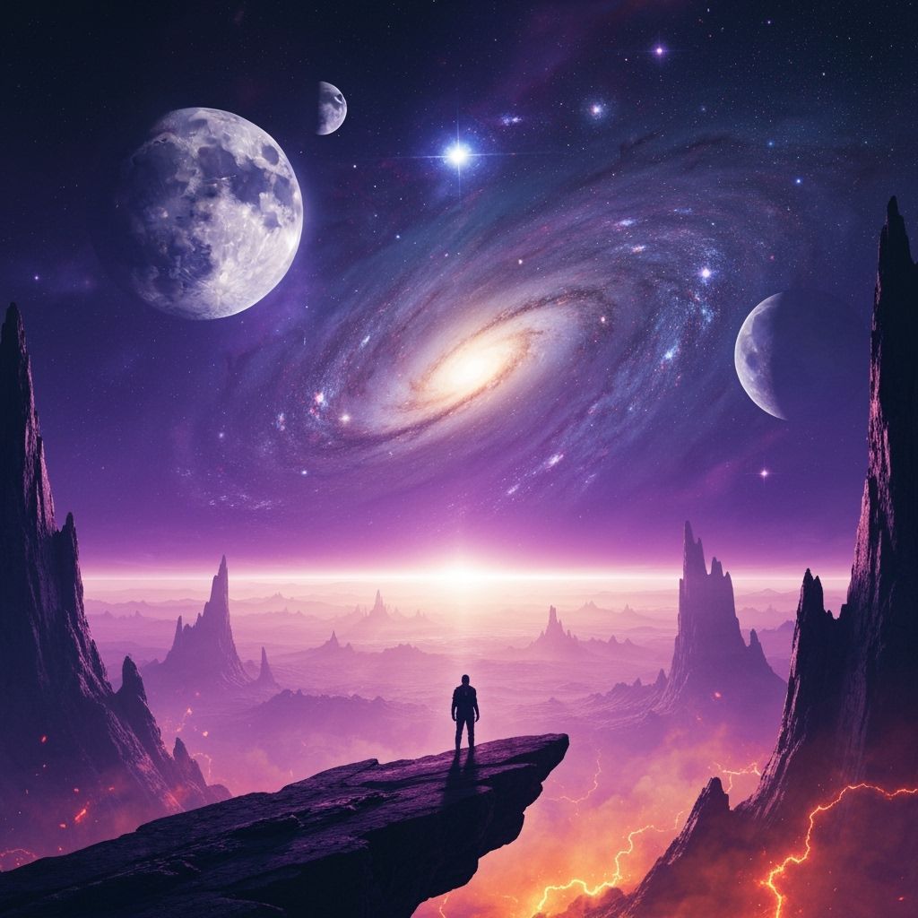 Lone Figure Overlooking Alien Landscape Under Twin Moons