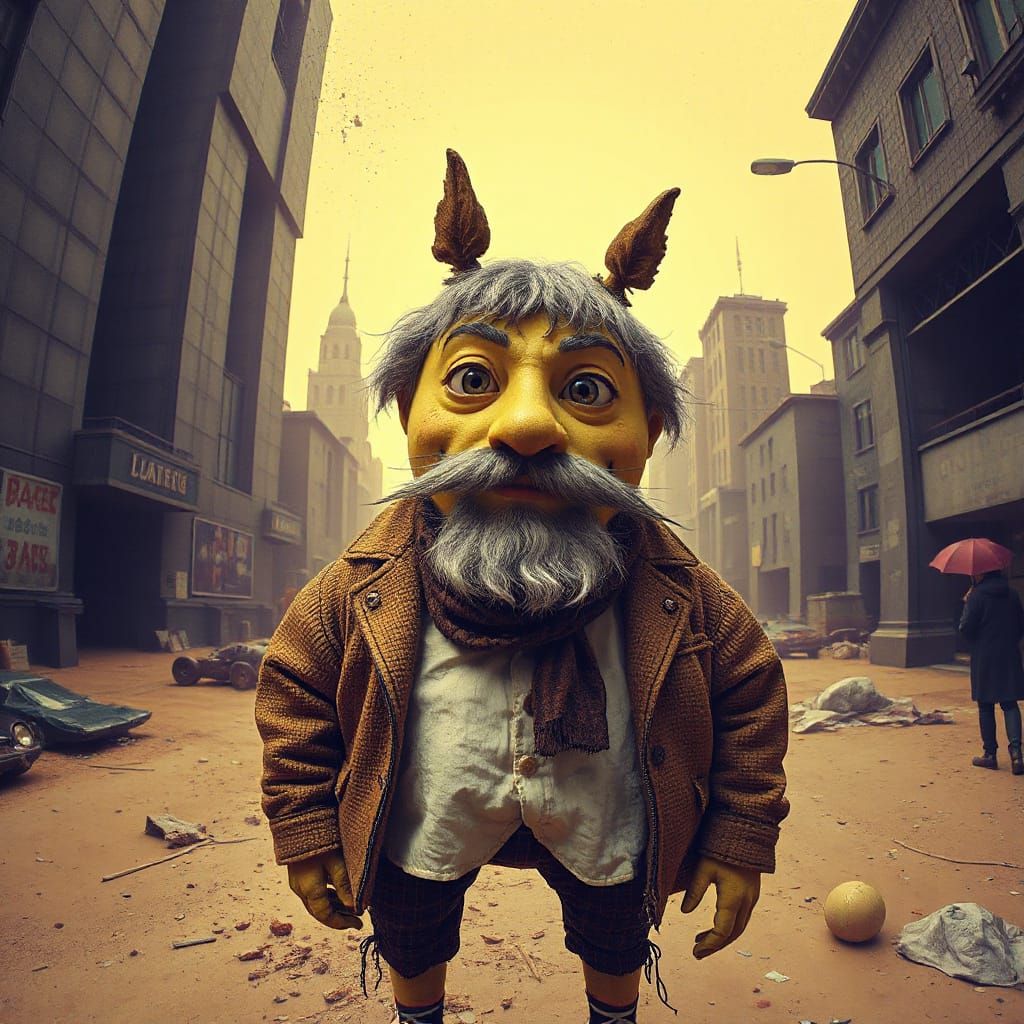 Surrealist Hybrid of Marx and Totoro in a Futuristic City