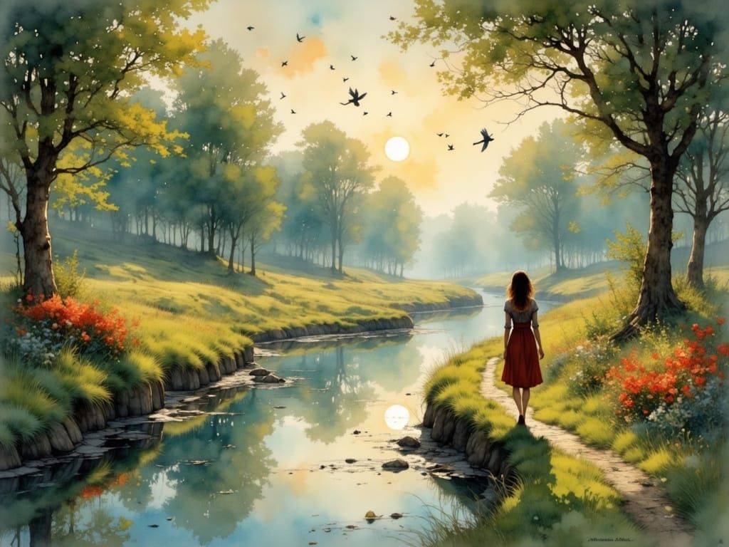 English Countryside Canal Scene in Painterly Style