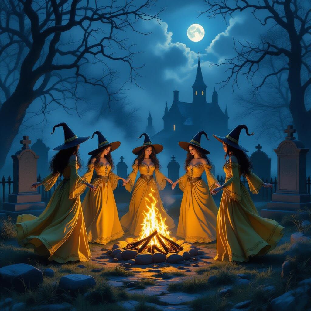 Witches dressed in long yellow and purple flowing gowns