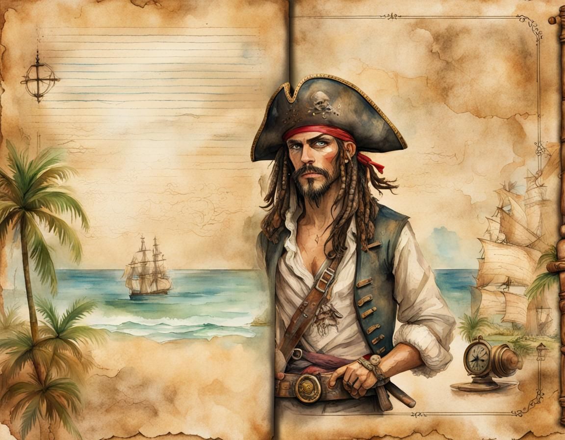 Pirate Portrait on Aged Parchment in Watercolor Style
