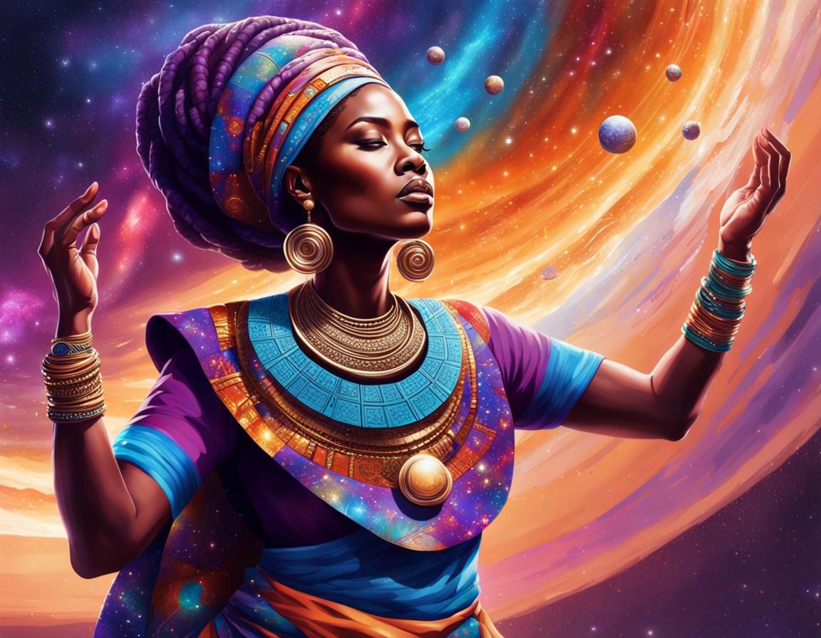 African Woman Suckles Universe in Praise: Digital Painting