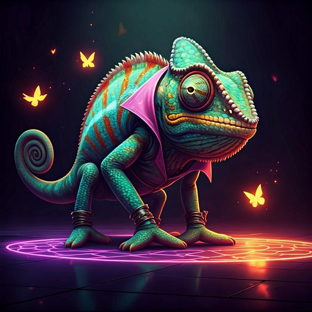 Disco Chameleon on Neon Dance Floor, Fantasy Art