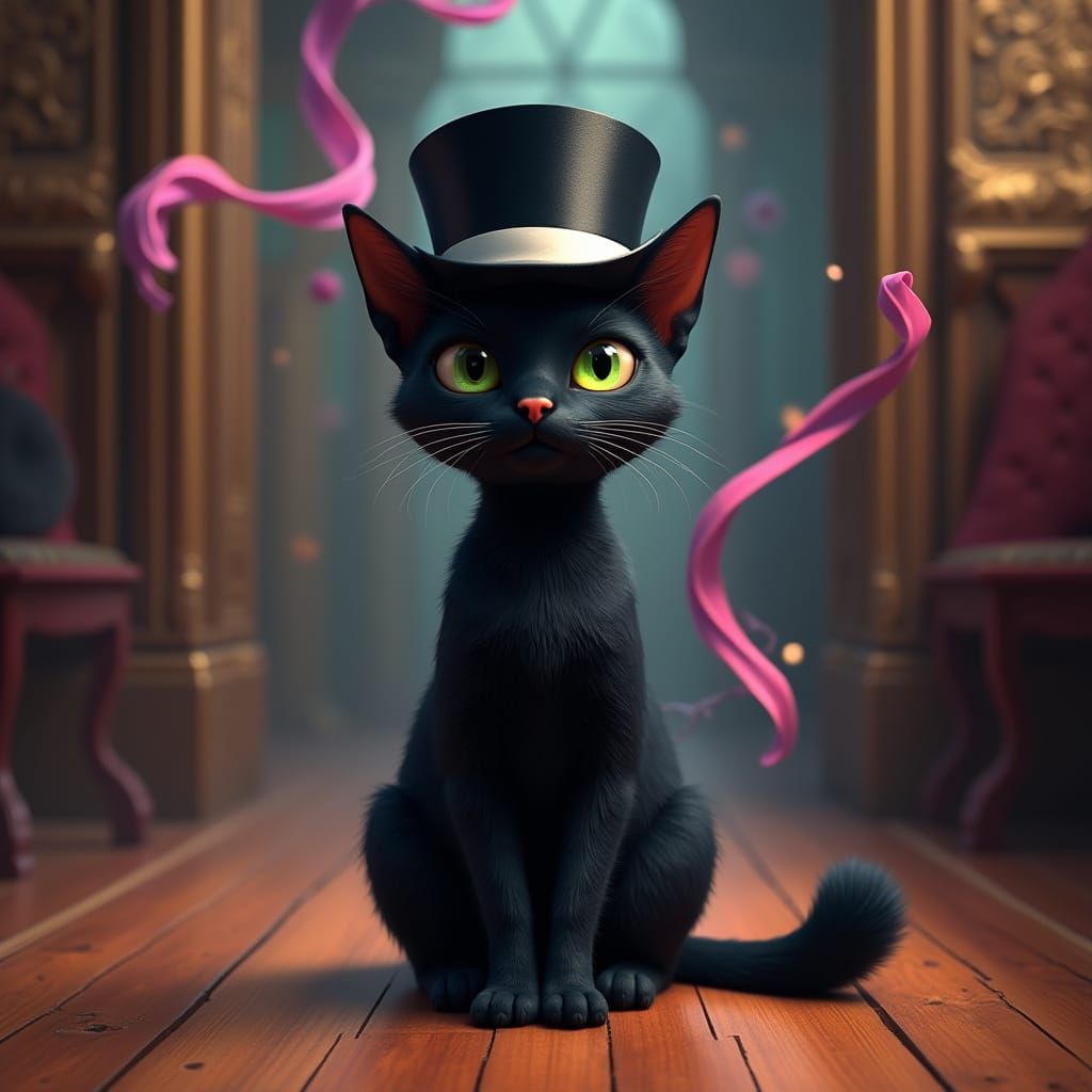 Sleek Black Cat in Elegant Top Hat on Mystical Wooden Floor