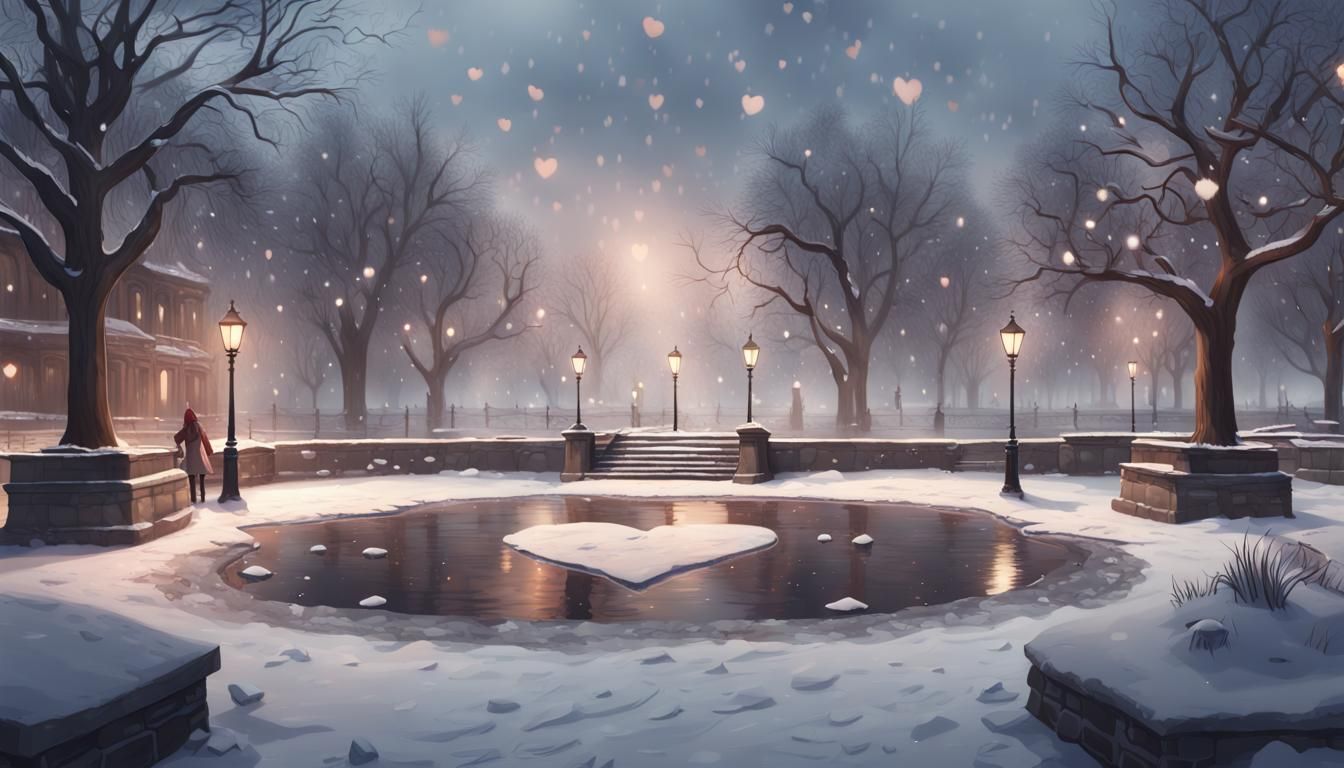 Snowy Park with Stone Heart in Hyperrealistic Style
