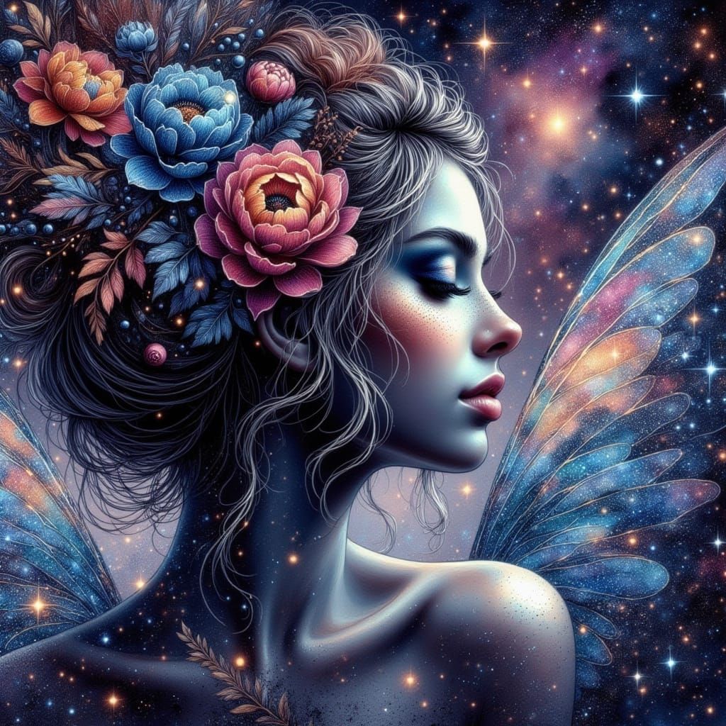 Cosmic Portrait: Woman with Nebula Hair in Splash Art Style