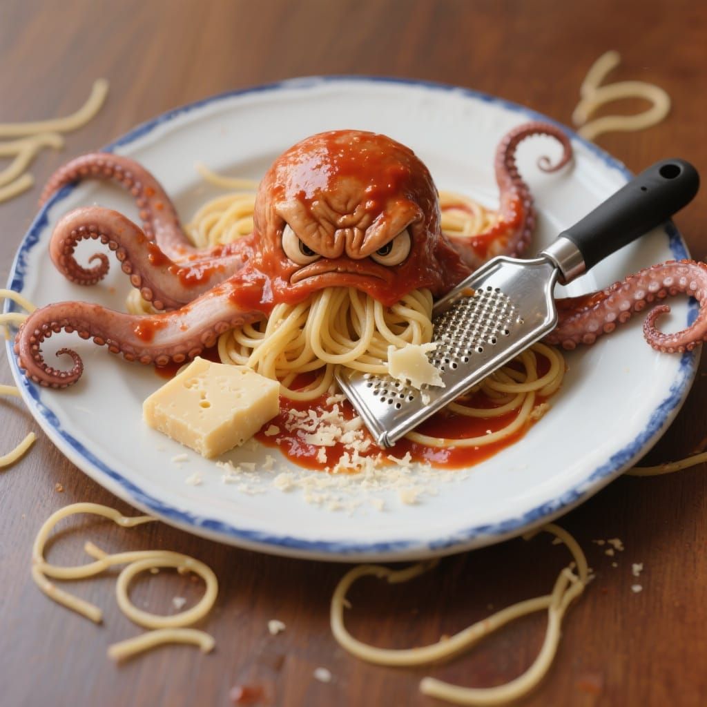 Spaghetti Octopus Grating Cheese: Hyperrealistic Photo
