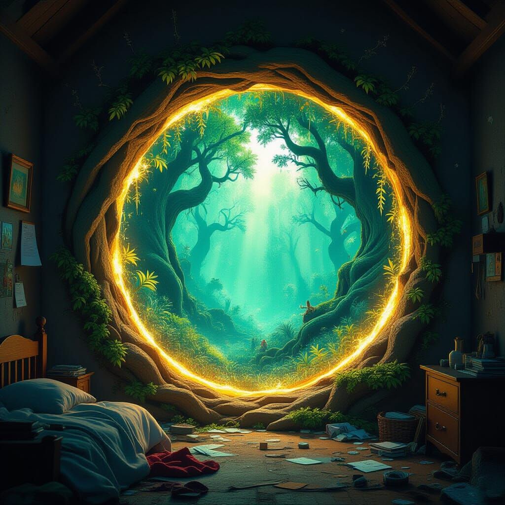 Mythical Forest Portal in a Messy Bedroom