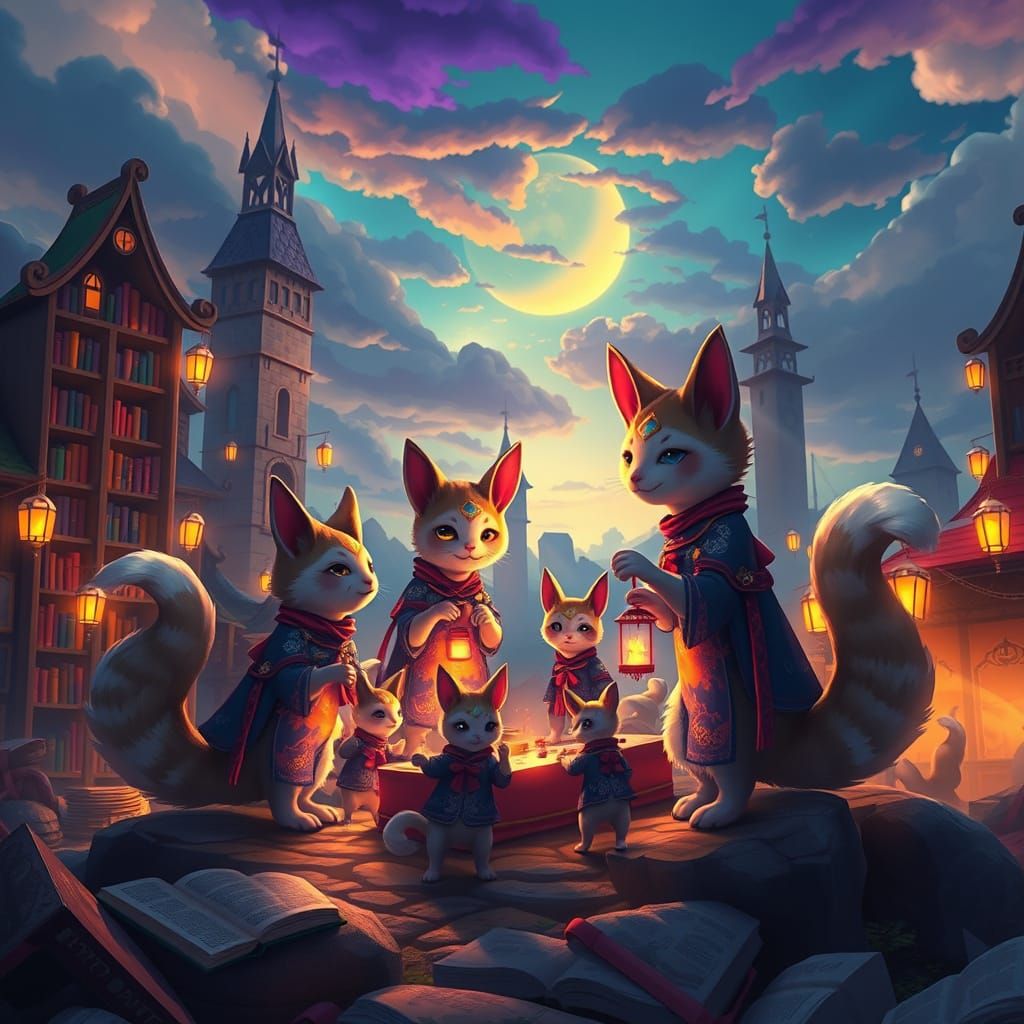 Whimsical Kitsunes Build Book Fair Amidst Vibrant Landscape