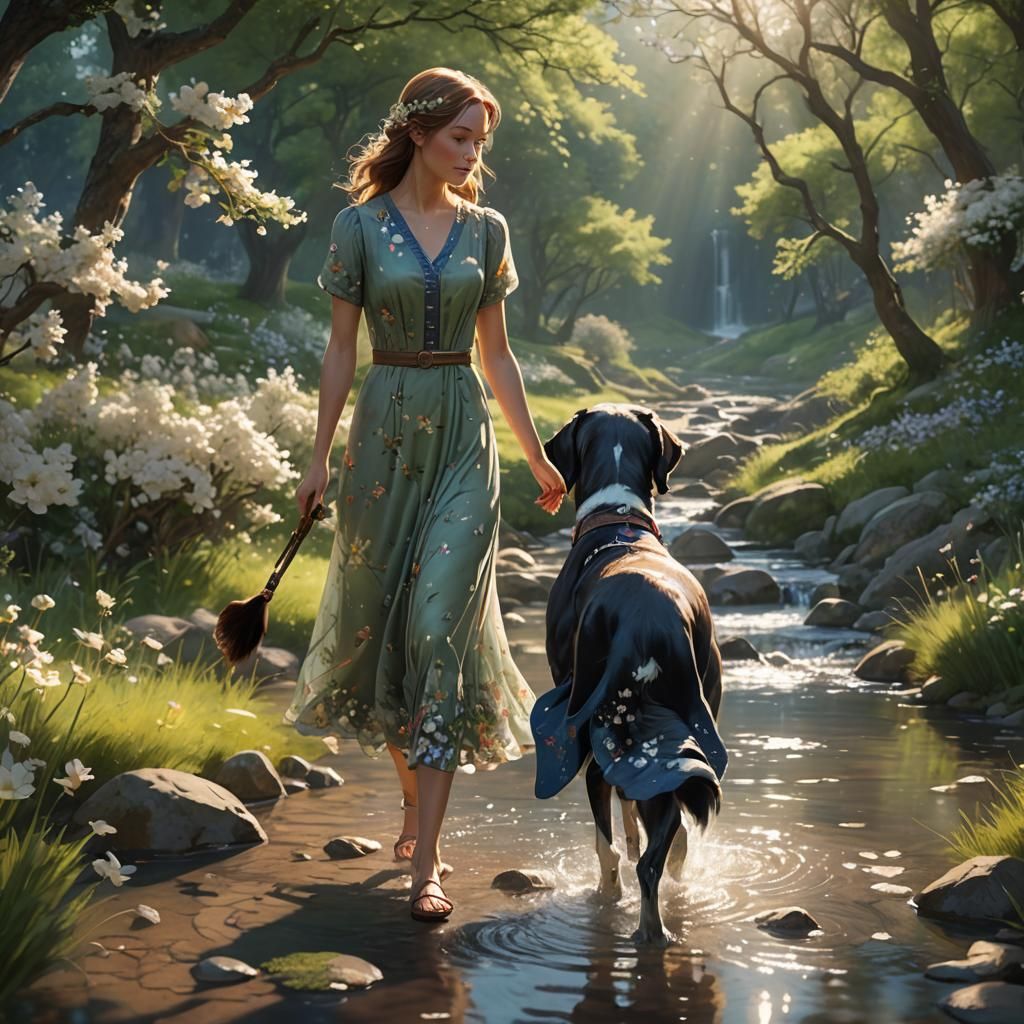 Woman and Dog in Sunlit Fantasy Landscape
