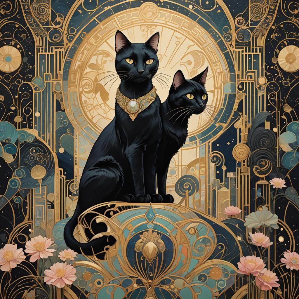 Art Deco Black Cat in Pastel Colors