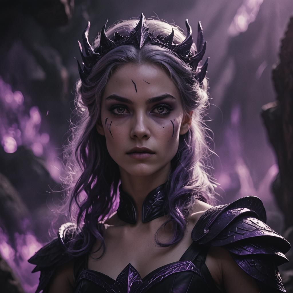 Stunning Purple-Black Kingdom Princess: Cinematic Film Still