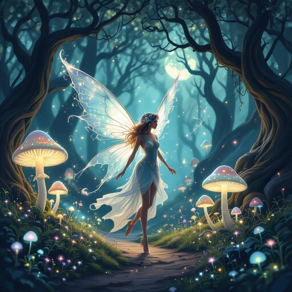 Ethereal Fairy Dance in Bioluminescent Forest
