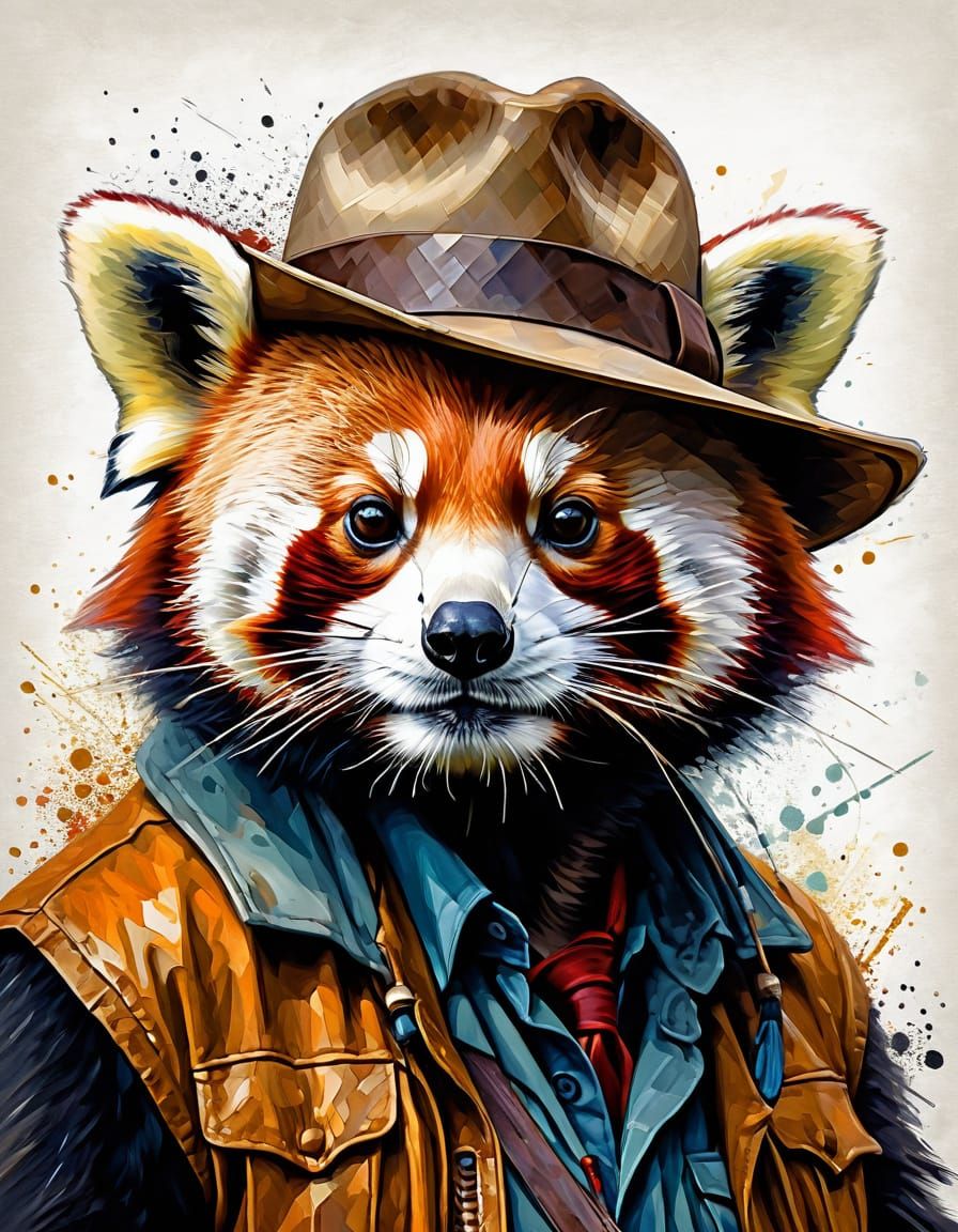 Red Panda Indiana Jones in Abstract Style