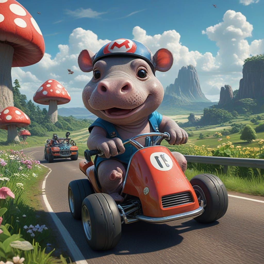 Fantastical Hippo Speeds Through Vibrant Landscape in Cyberp...