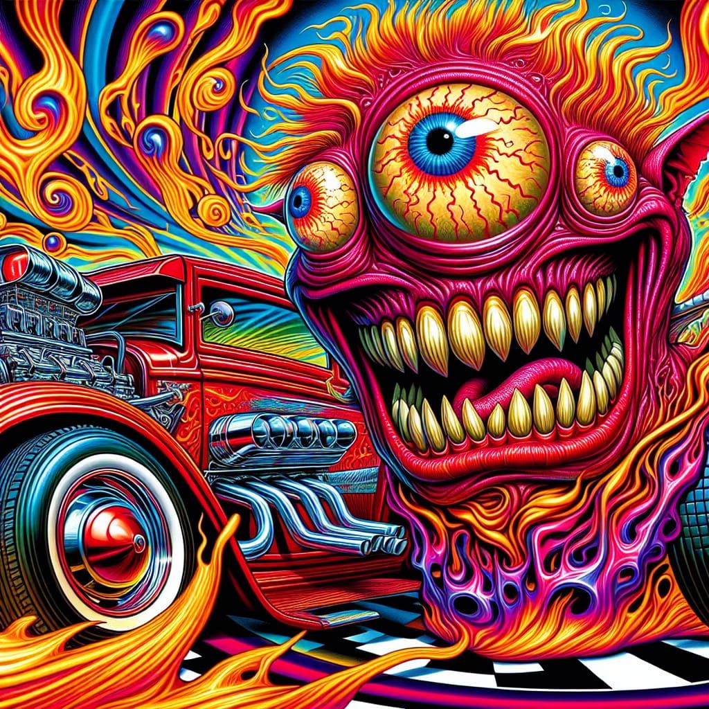 Psychedelic Monster Leans on Flame-Engulfed Hot Rod