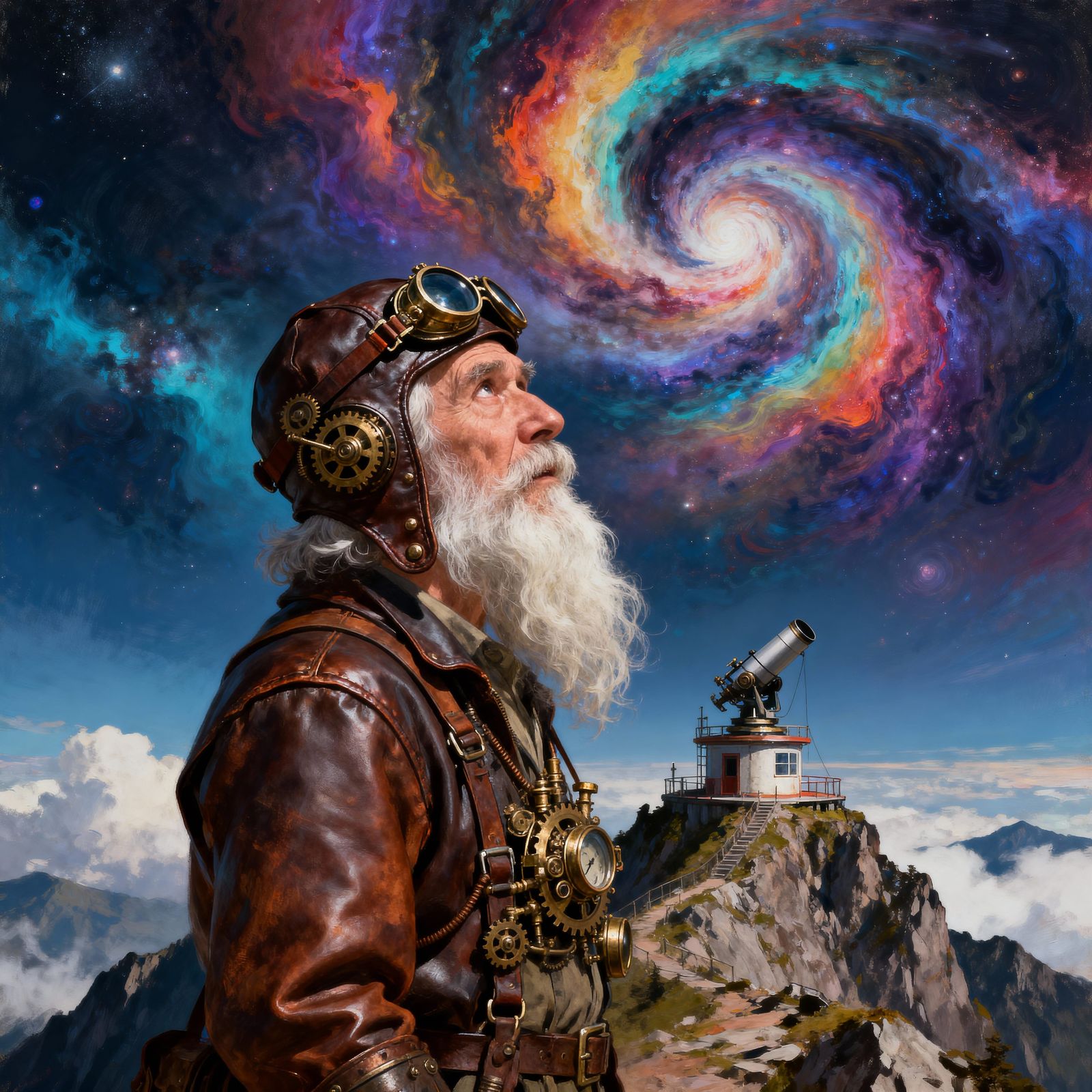 Elderly Man Contemplates Cosmic Vortex in Steampunk Observat...