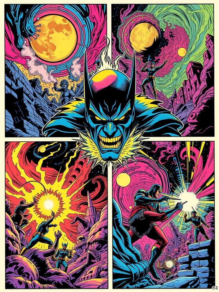 Epic Superhero Battle in a Dreamlike Comic Book Universe