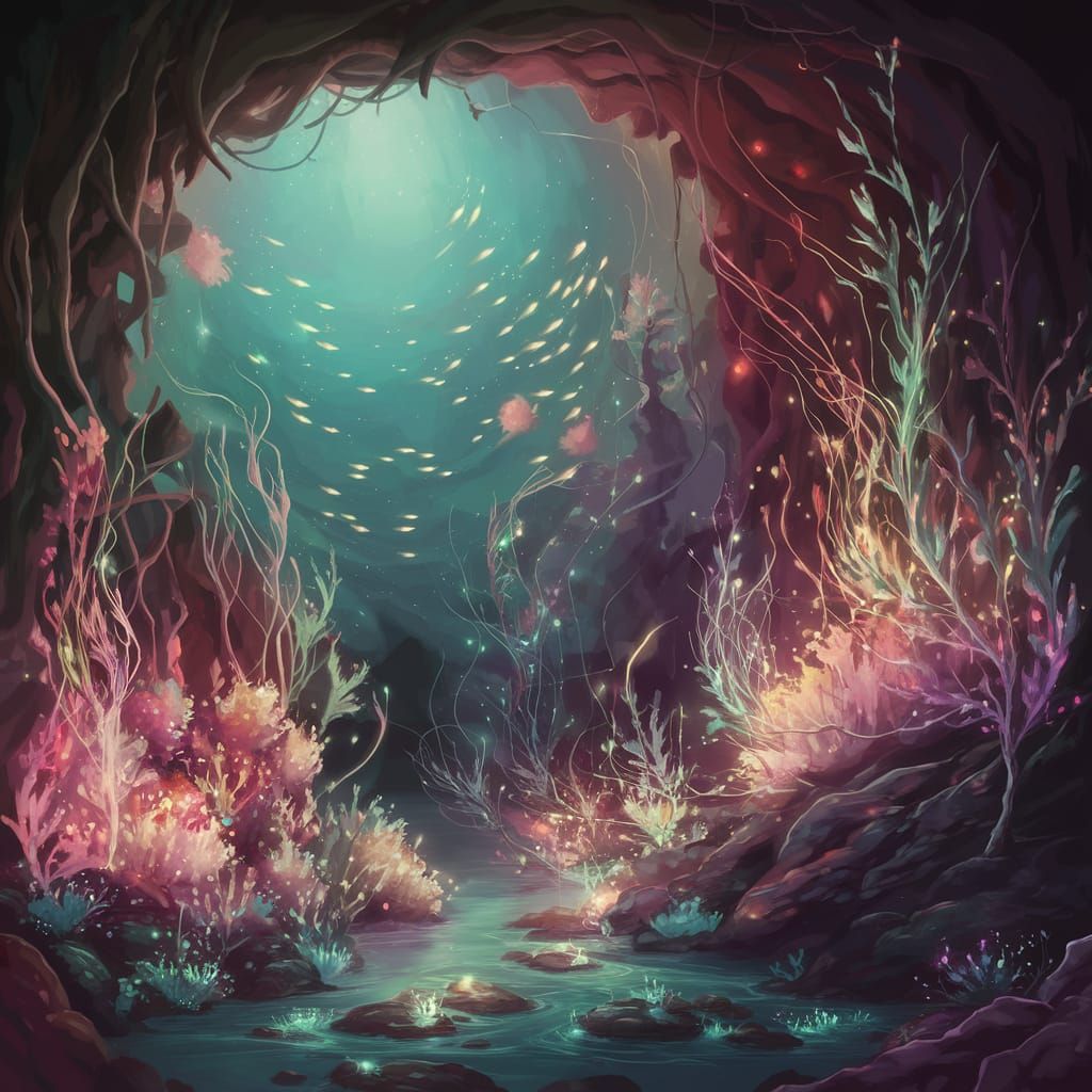 Ethereal Bioluminescent Underwater Scene in Art Nouveau Styl...