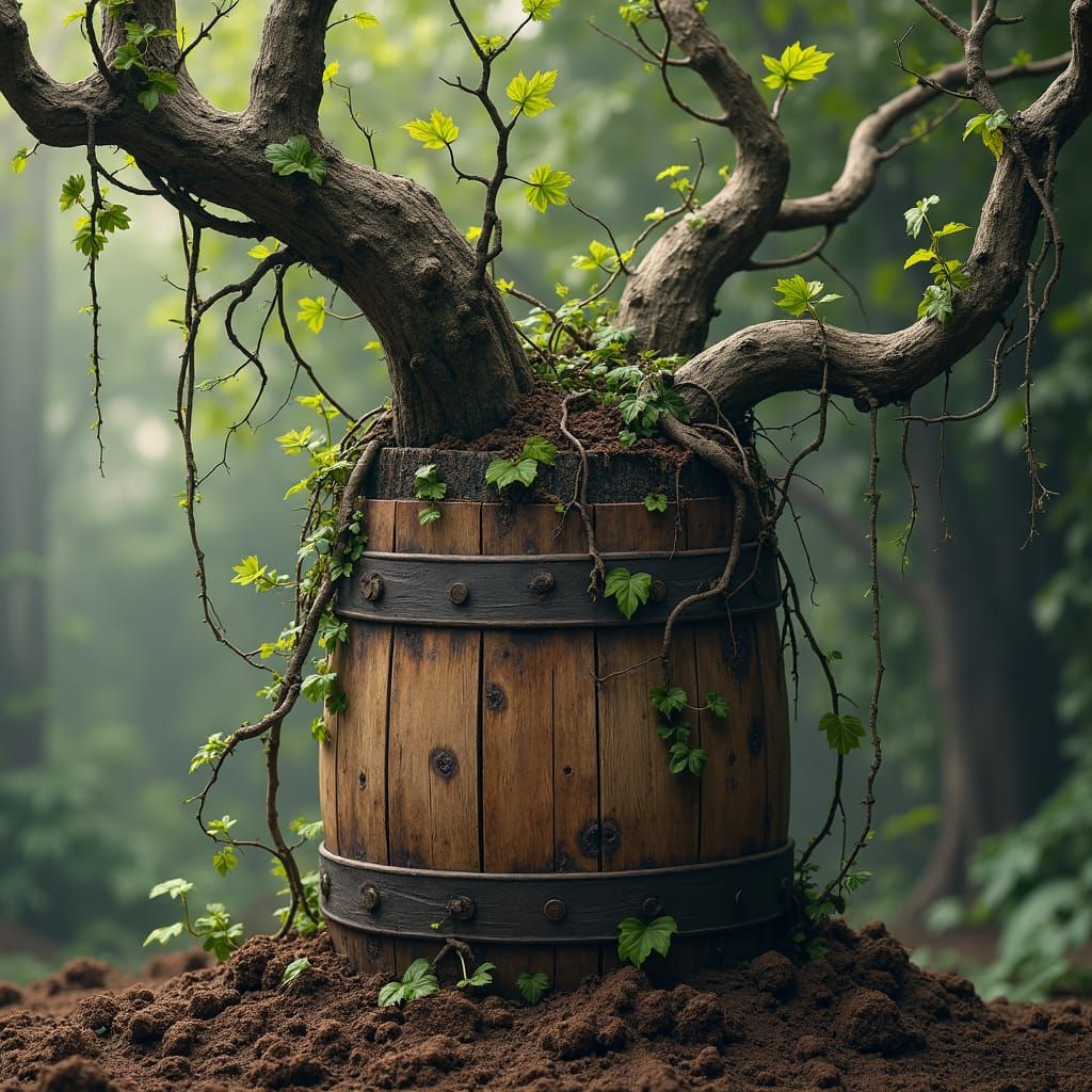 Enchanted Barrel: Roots and Vines in Earthy Tones